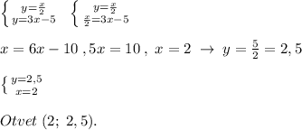 \left \{ {{y=\frac{x}{2}} \atop {y=3x-5}} \right. \; \; \left \{ {{y=\frac{x}{2}} \atop {\frac{x}{2}=3x-5}} \right. \\\\x=6x-10\; ,5x=10\; ,\; x=2\; \to \; y=\frac{5}{2}=2,5\\\\ \left \{ {{y=2,5} \atop {x=2}} \right.\\\\Otvet\; (2;\; 2,5).