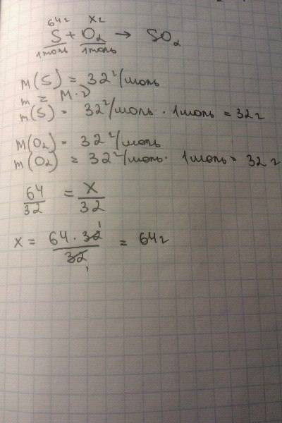 Рассчитайте массу кислорода, необходимого реакции горения серы, массой 64г.