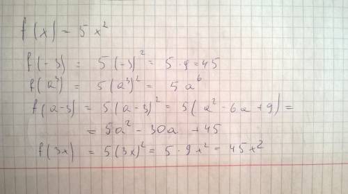 Дана функция y=f(x),где f(x)=5x в квадрате.найдите f(-3),f(a в кубе),f(a-3),f(3x)