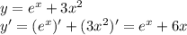 y=e^{x}+3 x^{2} \\ &#10;y'=(e^{x})'+(3 x^{2} )'=e^{x}+6x