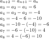 a_{n+2}=a_{n+1}-a_n\\&#10;a_3=a_2-a_1=6\\&#10;a_4=a_3-a_2=-4\\&#10;a_5=-4-6=-10\\&#10;a_6=-10-(-4)=-6\\&#10;a_7=-6-(-10)=4\\&#10;a_8=4-(-6)=10