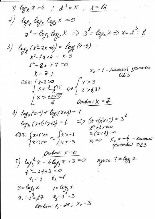 1) log(2)x=4 2) log(7) log(3) log(2)x=0 3) log(8) x^2-7x+4= log (8) x-3 4) log (3) (x+1) + log(3) (x