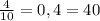 \frac{4}{10} =0,4=40