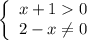 \left\{\begin{array}{l} x+1 0 \\ 2-x \neq 0 \end{array}\right.