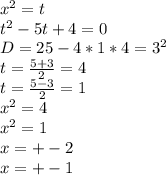 x^2=t\\&#10;t^2-5t+4=0\\&#10;D=25-4*1*4=3^2\\&#10;t=\frac{5+3}{2}=4\\&#10;t=\frac{5-3}{2}=1\\&#10;x^2=4\\&#10;x^2=1\\&#10;x=+-2\\&#10;x=+-1