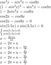 cos^4x-sin^4x=cos9x\\&#10;(1-sin^2x)^2-sin^4x=cos9x\\\&#10;1-2sin^2x=cos9x\\&#10;cos2x=cos9x\\&#10;cos2x-cos9x=0\\&#10; sin(5.5x)*sin(3.5x)=0\\&#10; \left \{ {{sin(5.5x)=0} \atop {sin(3.5x)=0}} \right. \\&#10;x=\frac{2\pi*n}{11}\\&#10;x=2\pi*n\\&#10;x=2\pi*n-\frac{6\pi}{7}\\&#10;x=2\pi*n-\frac{4\pi}{7}\\&#10;x=2\pi*n-\frac{2\pi}{7}\\&#10;x=2\pi*n+\frac{2\pi}{7}&#10;