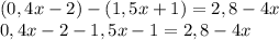 ( 0,4x-2)-(1,5x+1)=2,8-4x \\ 0,4 x-2-1,5 x-1 = 2,8-4x