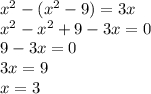 x^{2} -(x^{2} -9)=3x \\ x^{2} - x^{2} +9-3x=0 \\ 9-3x=0 \\ 3x=9 \\ x=3