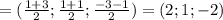 =( \frac{1+3}{2}; \frac{1+1}{2}; \frac{-3-1}{2})= (2;1;-2)