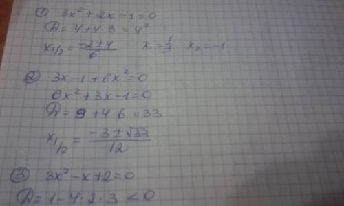 1) 3x^2 +2x-1=0 2) 3x-1+6x^2=0 3)3x^2 -x+2=0 4) x первый и х второй корни уравнения. (x-3)^2-16=(1-2