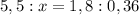 5,5 : x = 1,8 : 0,36