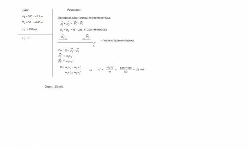 Оболочка ракеты имеет массу 200г. масса пороха в ней 50г. считая, что газы мгновенно вырываются из с