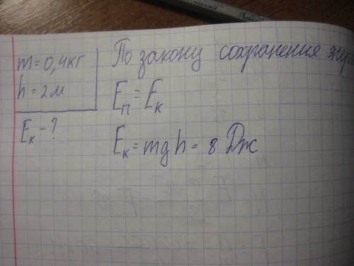 :найти кинетическую энергию тела массой 400 г,которое падало с высоты 2 м, в момент удара об землю?