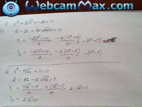 Решить уравнения)) 1)х^2+2 корень из 5 х-20=0 2)х^2-4 корень из 2х+4=0