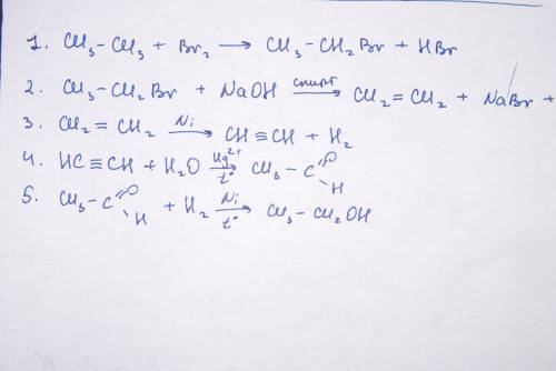 Превращение: сн3-сн3-> сн3-сн2-> cн2=сн2-> сн≡сн-> сн3-сон-> ch3-ch2-oh | br