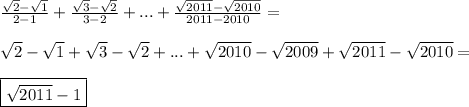 \frac{\sqrt{2} - \sqrt{1}}{2 - 1} + \frac{\sqrt{3} - \sqrt{2}}{3 -2} + ... + \frac{\sqrt{2011} - \sqrt{2010}}{2011 - 2010} = \\\\ \sqrt{2} - \sqrt{1} + \sqrt{3} - \sqrt{2} + ... + \sqrt{2010} -\sqrt{2009} + \sqrt{2011} - \sqrt{2010} =\\\\ \boxed{\sqrt{2011} - 1}