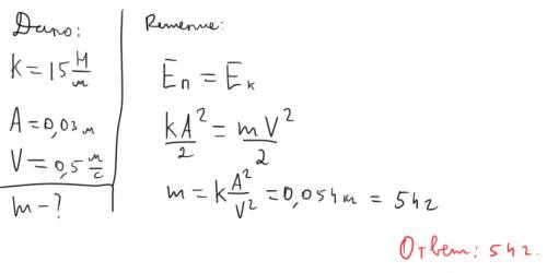 Найдите массу груза,колеблющегося на невесомой пружине с жесткостью 15 н/м, если амплитуда колебаний