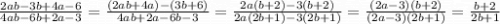 \frac{2ab-3b+4a-6}{4ab-6b+2a-3} = \frac{(2ab + 4a) - (3b + 6) }{4ab+2a - 6b-3} = \frac{2a(b + 2) - 3(b + 2) }{2a(2b + 1) - 3(2b + 1)} = \frac{(2a - 3)(b +2)}{(2a - 3)(2b +1)} = \frac{b + 2}{2b + 1}