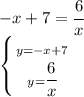 -x+7= \cfrac{6}{x} &#10;\\\&#10; \left \{ {{y=-x+7 } \atop {y= \cfrac{6}{x} }} \right.