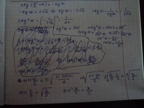 Найдите sin^2 x/2, если ctg(п/2+x)=2корня из 6, а x принадлежит (п/2; п) заранее !