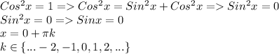 Cos^2x=1=Cos^2x=Sin^2x+Cos^2x=Sin^2x=0\\&#10;Sin^2x=0=Sinx=0\\&#10;x=0+ \pi k\\&#10;k \in \{...-2,-1,0,1,2,...\}