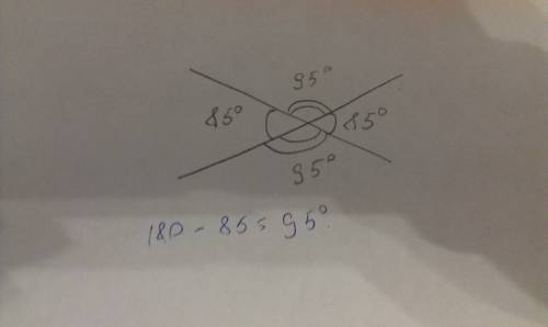 Один из получившихся при пересечении двух прямых , равен 85 градусов. вычислите остальные углы.