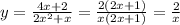 y= \frac{4x+2}{2x^2+x}= \frac{2(2x+1)}{x(2x+1)}= \frac{2}{x}