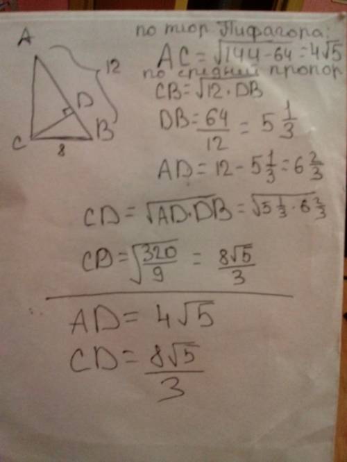 Сд-высота прямокутного трыкутныка проведено на гипотенузу, де ав-12 см вс-8см знайдить высоту сд-? и
