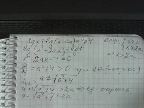 Lgx+lg(x-2a)=lg4 доказать, что при любом значении параметра а уравнение имеет единственный корень