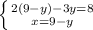 \left \{ {{2(9-y)-3y=8} \atop {x=9-y}} \right.