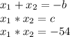 x_{1}+ x_{2} =-b \\ x_{1} * x_{2} =c \\ x_{1} * x_{2} =-54 \\