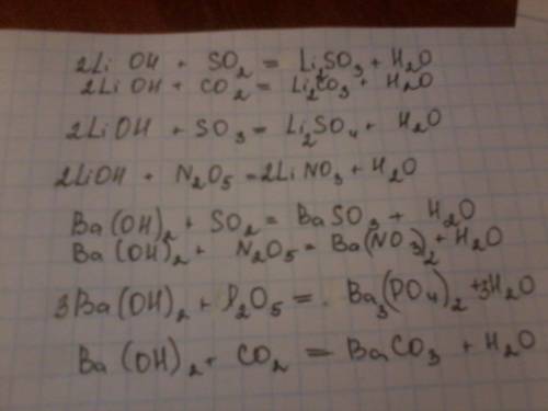 Уравняйте lioh+ so2= liso3 +h2o lioh+ co2= lico3+ h2o lioh + so3= liso4 + h2o lioh + n2o5= lino3+ h2