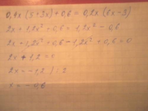 Найдите корень уравнения: 0.4x(5+3x)+0.6=0.2x(6x-3)