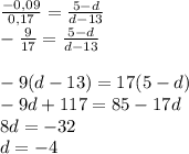 \frac{-0,09}{0,17}=\frac{5-d}{d-13} \\ -\frac{9}{17}=\frac{5-d}{d-13} \\ \\ -9(d-13)=17(5-d) \\ -9d+117=85-17d \\ 8d=-32 \\ d=-4