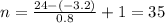 n= \frac{24-(-3.2)}{0.8} +1=35