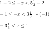 1-2 \leq -x<5\frac{1}{3}-2\\\\-1 \leq -x<3\frac{1}{3}\; |*(-1)\\\\-3\frac{1}{3}<x\leq1