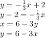 y= - \frac{1}{3}x+2&#10;\\\&#10;y-2= - \frac{1}{3}x&#10;\\\&#10;x=6-3y&#10;\\\&#10;y=6-3x