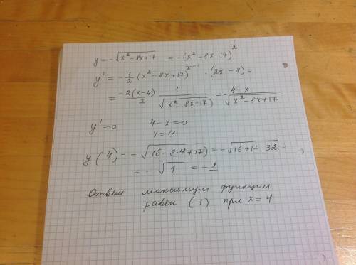 Найдите точку максимума функции у=-корень из х^2-8x+17