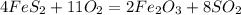 4FeS_2+11O_2=2Fe_2O_3 + 8SO_2