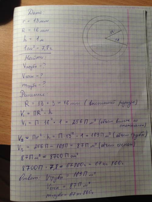 Внутренний радиус трубы равен 13 мм,а толщина стенки 3 мм.найдите объём трубы длинной 1 м, объём сте