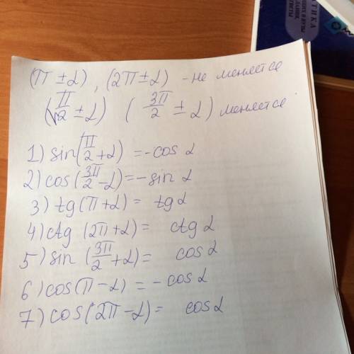 Выражения,применяя формулы : 1)sin(п/2+а); 2)cos(3п\2-а); 3)tg(п+а); 4)ctg (2п+а); 5) sin(3п/2+а); 6