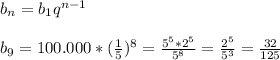 b_n=b_1q^{n-1} \\ \\ b_9=100.000*( \frac{1}{5} )^8= \frac{5^5*2^5}{5^8} = \frac{2^5}{5^3} = \frac{32}{125}