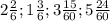 2 \frac{2}{6} ; 1 \frac{3}{6}; 3 \frac{15}{60} ; 5 \frac{24}{60}