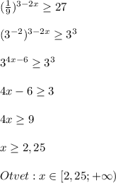 (\frac{1}{9})^{3-2x}\geq27\\\\(3^{-2})^{3-2x}\geq3^{3} \\\\ 3^{4x-6}\geq3^{3}\\\\4x-6\geq3\\\\4x\geq9\\\\x\geq2,25\\\\Otvet:x\in[2,25;+\infty)