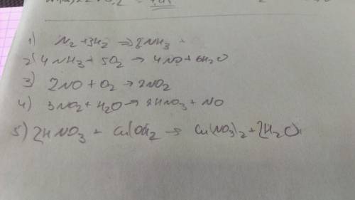 Составить цепочку уравнений n2-> nh3-> no2-> hno3-> cu(no3)2 и электронный