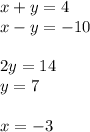 x + y = 4 \\ x - y = - 10 \\ \\ 2y = 14 \\ y = 7 \\ \\ x = - 3