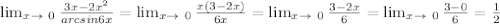 \lim_ { x \to \ 0} \frac{3x-2x^2}{arcsin 6x} = \lim_{x \to \ 0} \frac{x(3-2x)}{6x} = \lim_{x \to \ 0} \frac{3-2x}{6} = \lim_{x \to \ 0} \frac{3 - 0}{6} = \frac{1}{2} &#10;