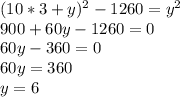 (10*3+y) ^{2} -1260= y^{2} \\ 900+60y-1260=0 \\ 60y-360=0 \\ 60y=360 \\ y=6