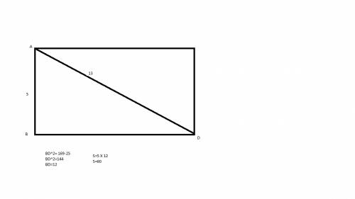 Найдите площадь прямоугольника, если его диагональ равна 13 см, а одна из сторон 5 см.рисункомм: *