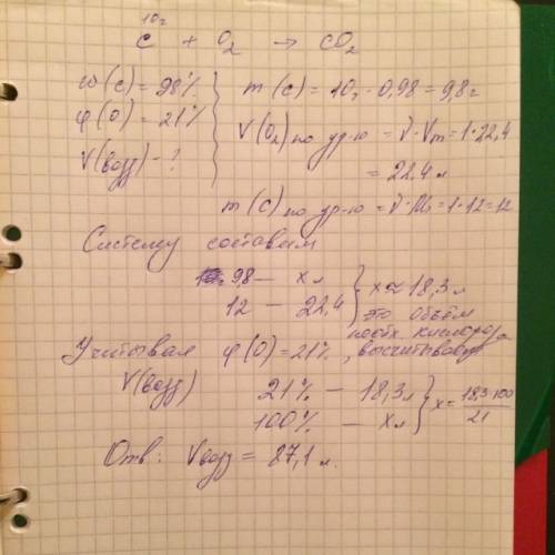 Какой объём воздуха потребуется для сжигания 10 грамм кокса, массовая доля углерода в котором 98%, о